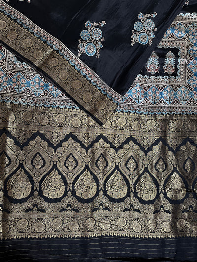 PRATIBHA: Handblock Ajrakh Dola Silk Saree with Meenakari Pallu