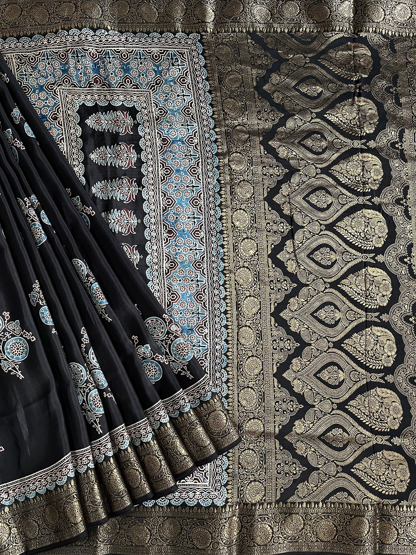 PRATIBHA: Handblock Ajrakh Dola Silk Saree with Meenakari Pallu