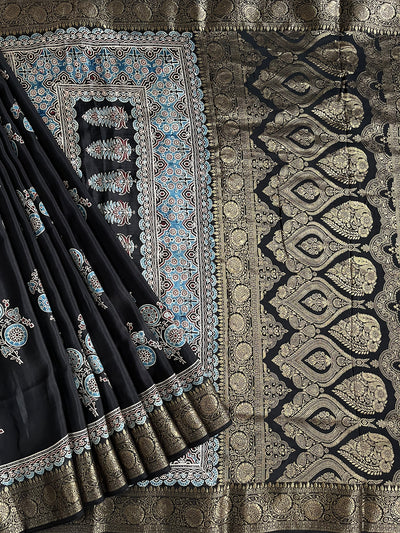 PRATIBHA: Handblock Ajrakh Dola Silk Saree with Meenakari Pallu