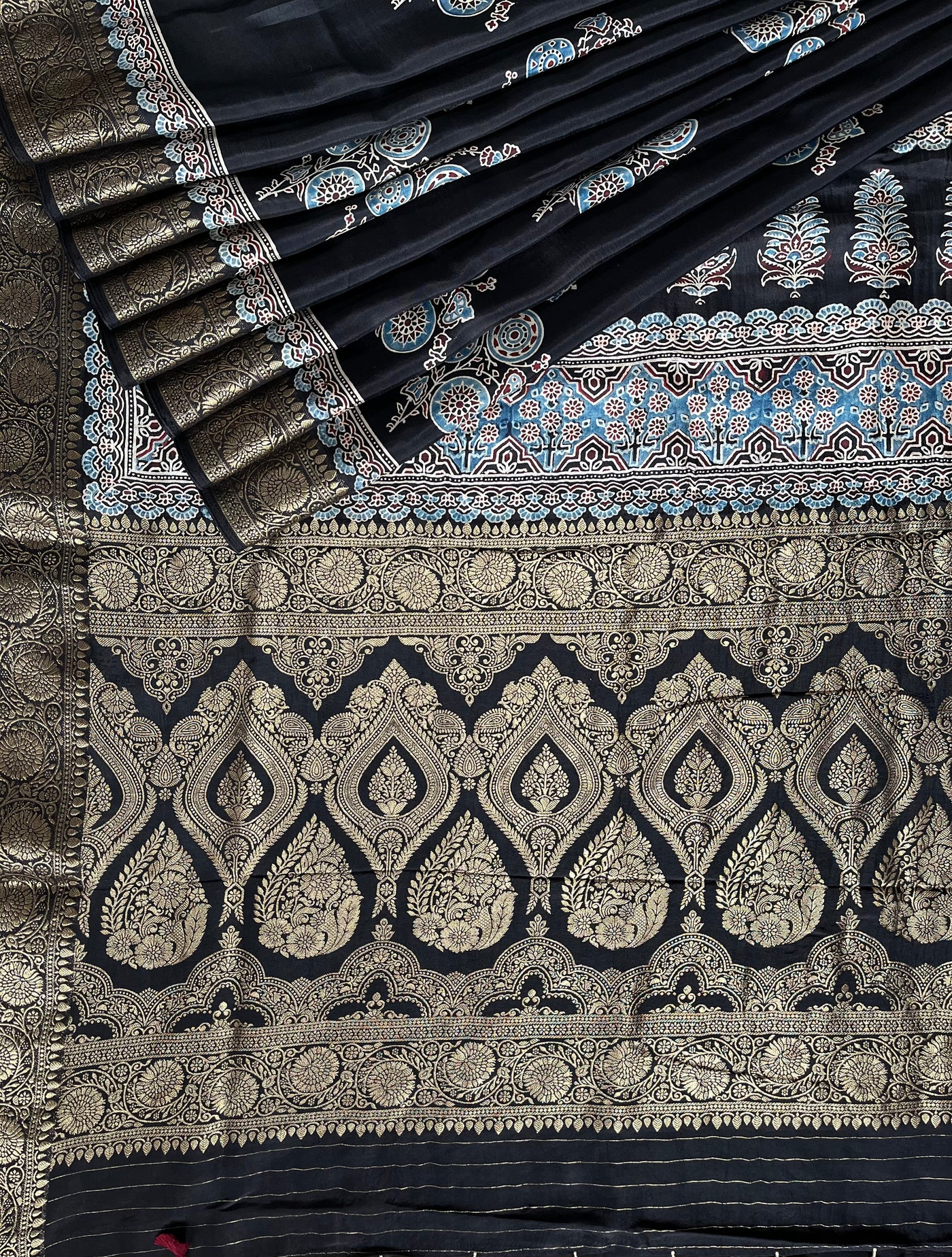 PRATIBHA: Handblock Ajrakh Dola Silk Saree with Meenakari Pallu