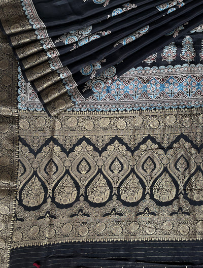 PRATIBHA: Handblock Ajrakh Dola Silk Saree with Meenakari Pallu