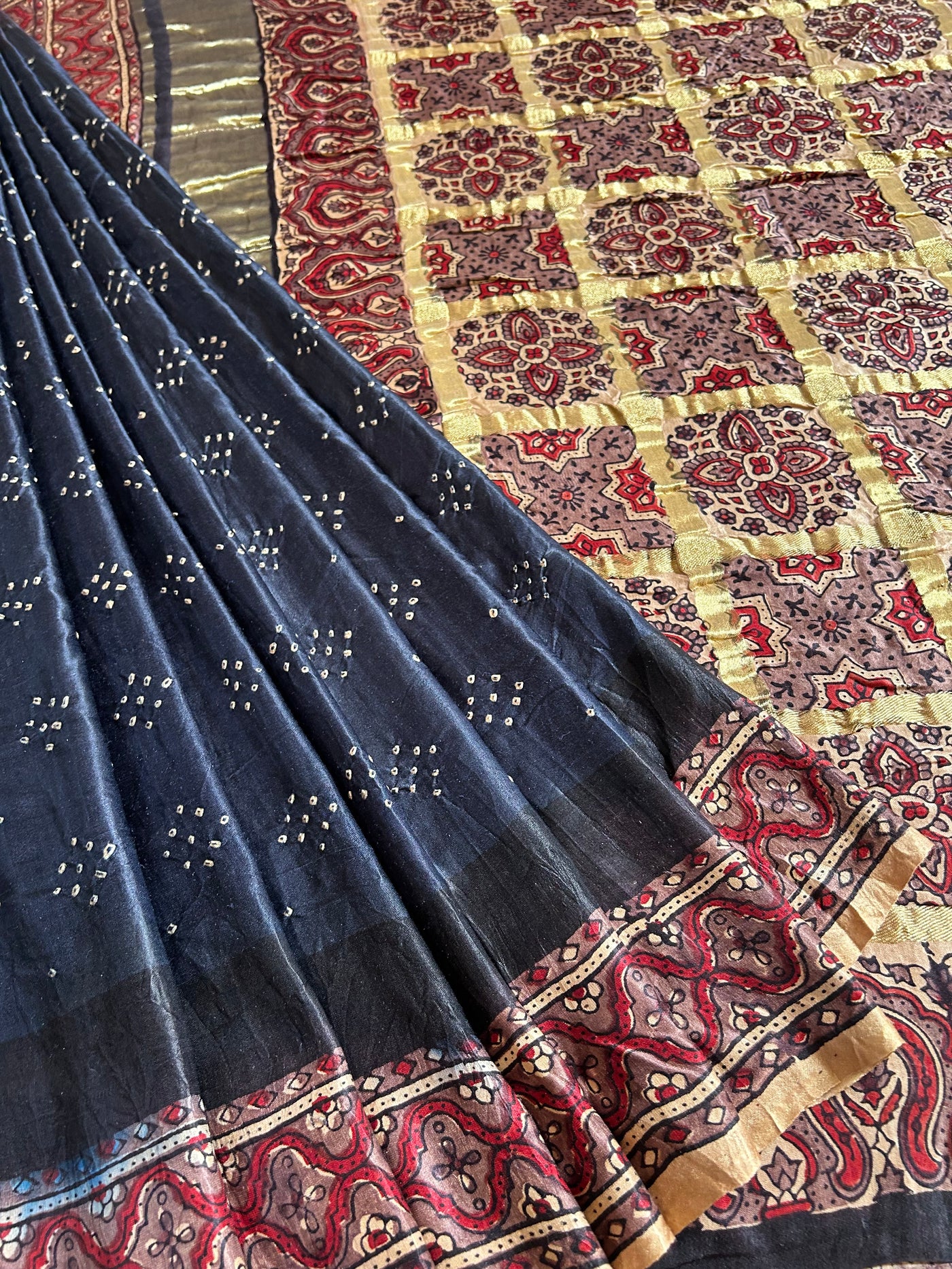 RANJHANA: HANDMADE PURE GAJJI SILK AJRAKH BANDHEJ GHARCHOLA PALLU SAREE