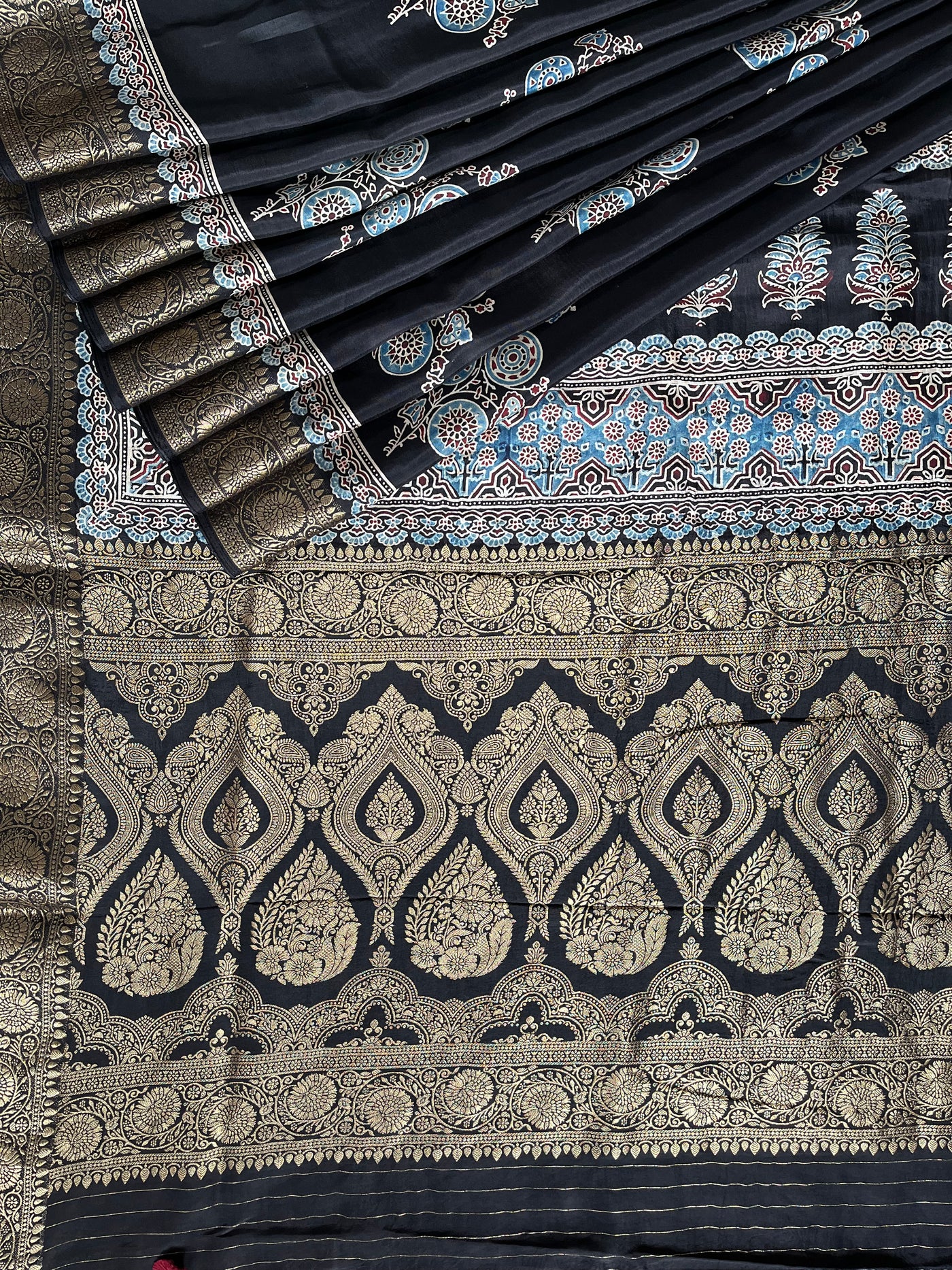 PRATIBHA: Handblock Ajrakh Dola Silk Saree with Meenakari Pallu