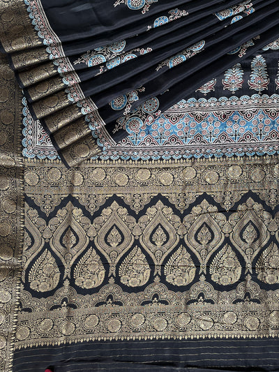 PRATIBHA: Handblock Ajrakh Dola Silk Saree with Meenakari Pallu