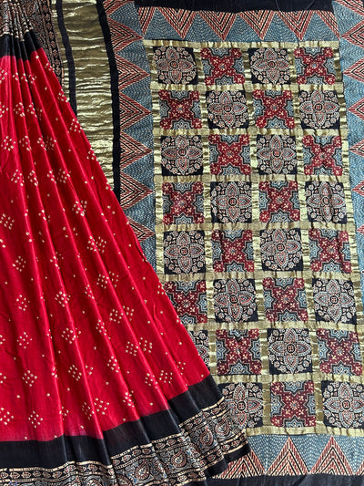 KALYANI: HANDMADE PURE GAJJI SILK AJRAKH BANDHEJ GHARCHOLA PALLU SAREE