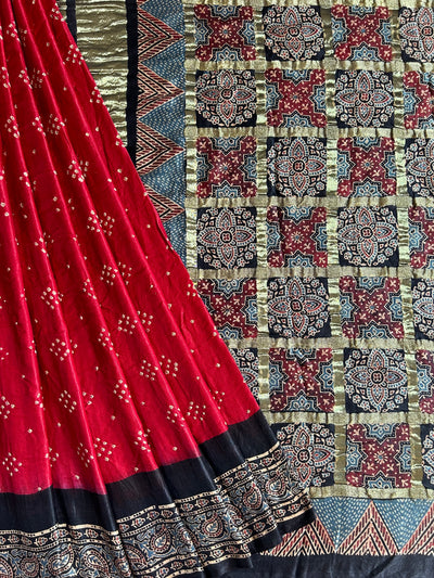 KALYANI: HANDMADE PURE GAJJI SILK AJRAKH BANDHEJ GHARCHOLA PALLU SAREE