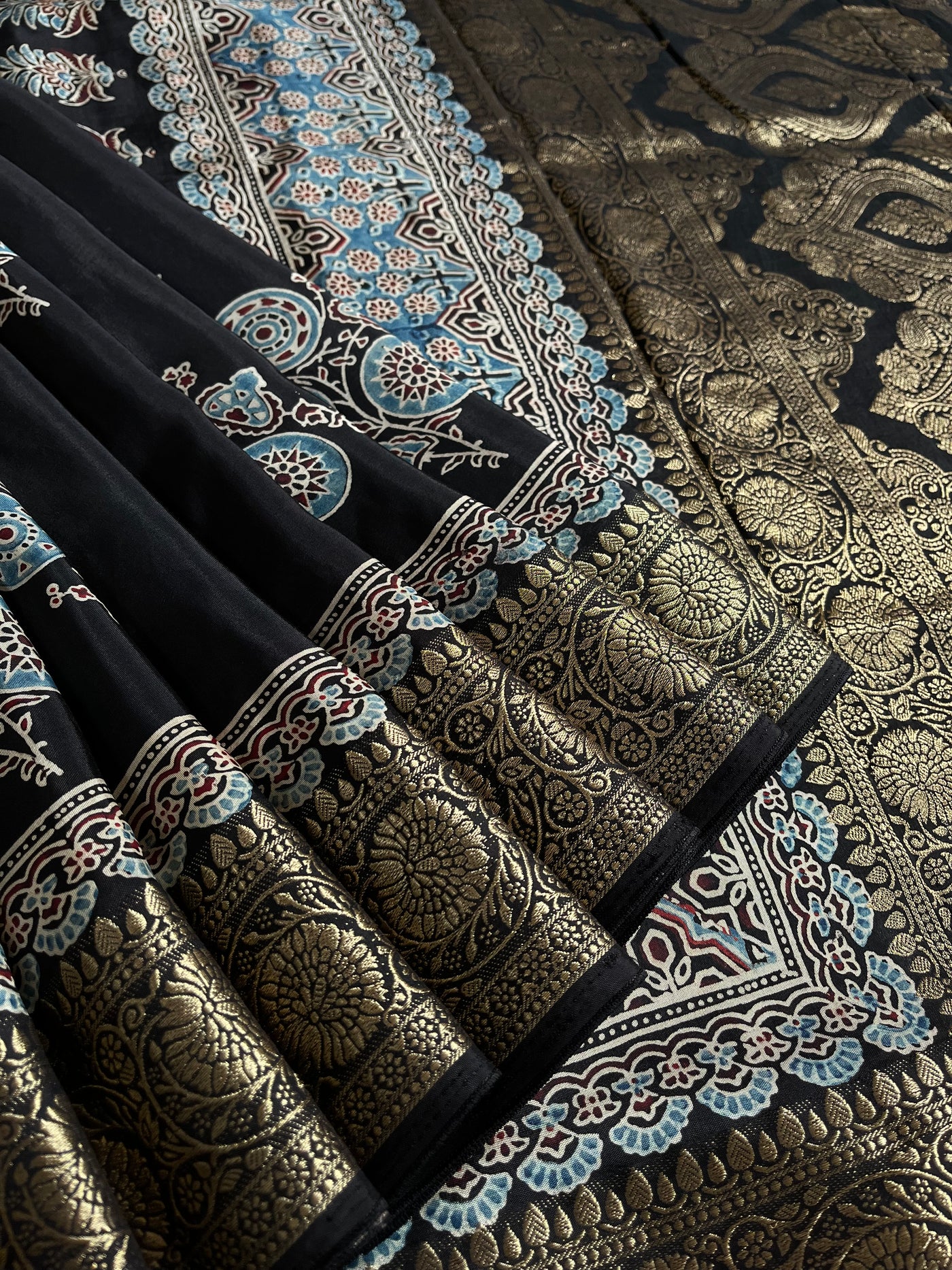 PRATIBHA: Handblock Ajrakh Dola Silk Saree with Meenakari Pallu