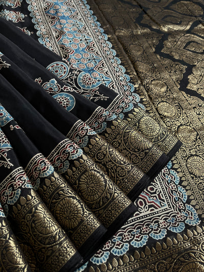 PRATIBHA: Handblock Ajrakh Dola Silk Saree with Meenakari Pallu