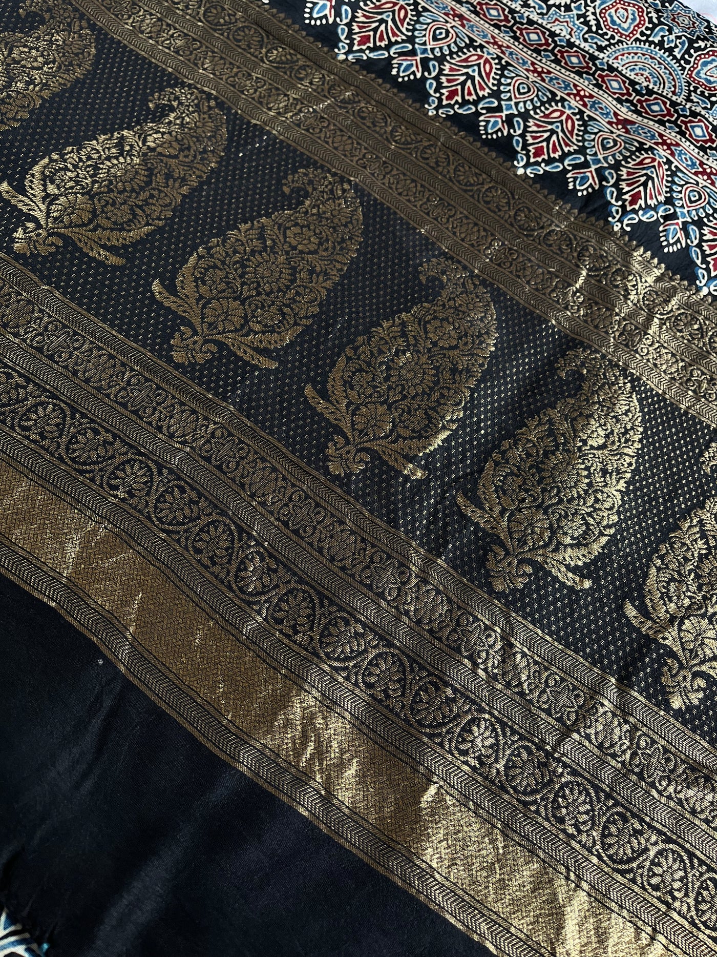 TAPTI: Handblock Ajrakh Dola Silk Saree with Meenakari Pallu
