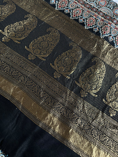 TAPTI: Handblock Ajrakh Dola Silk Saree with Meenakari Pallu