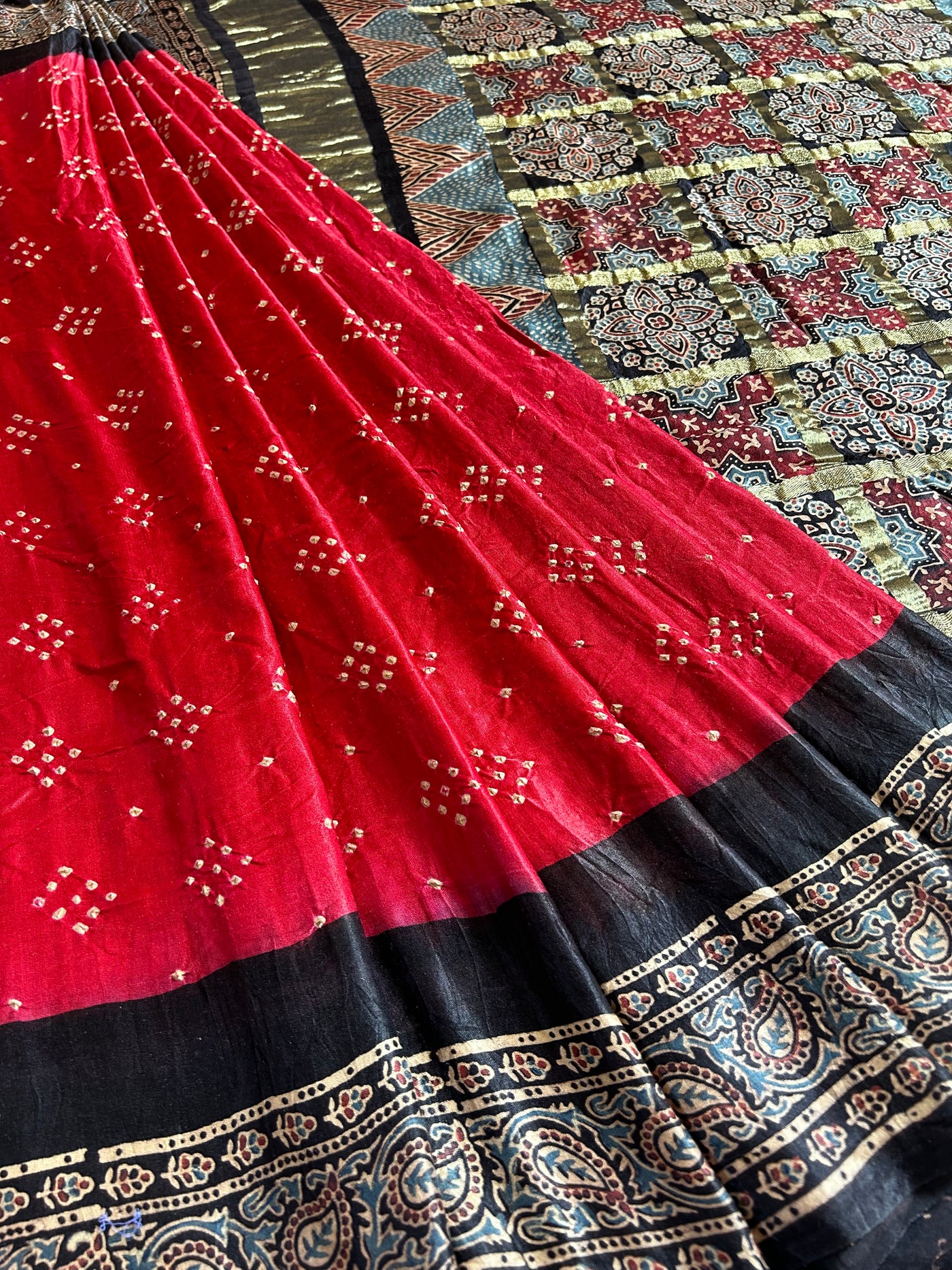 KALYANI: HANDMADE PURE GAJJI SILK AJRAKH BANDHEJ GHARCHOLA PALLU SAREE