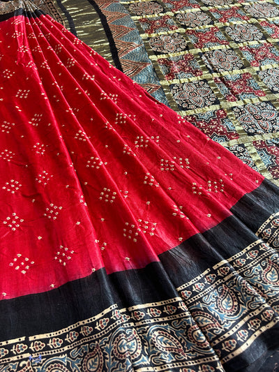 KALYANI: HANDMADE PURE GAJJI SILK AJRAKH BANDHEJ GHARCHOLA PALLU SAREE