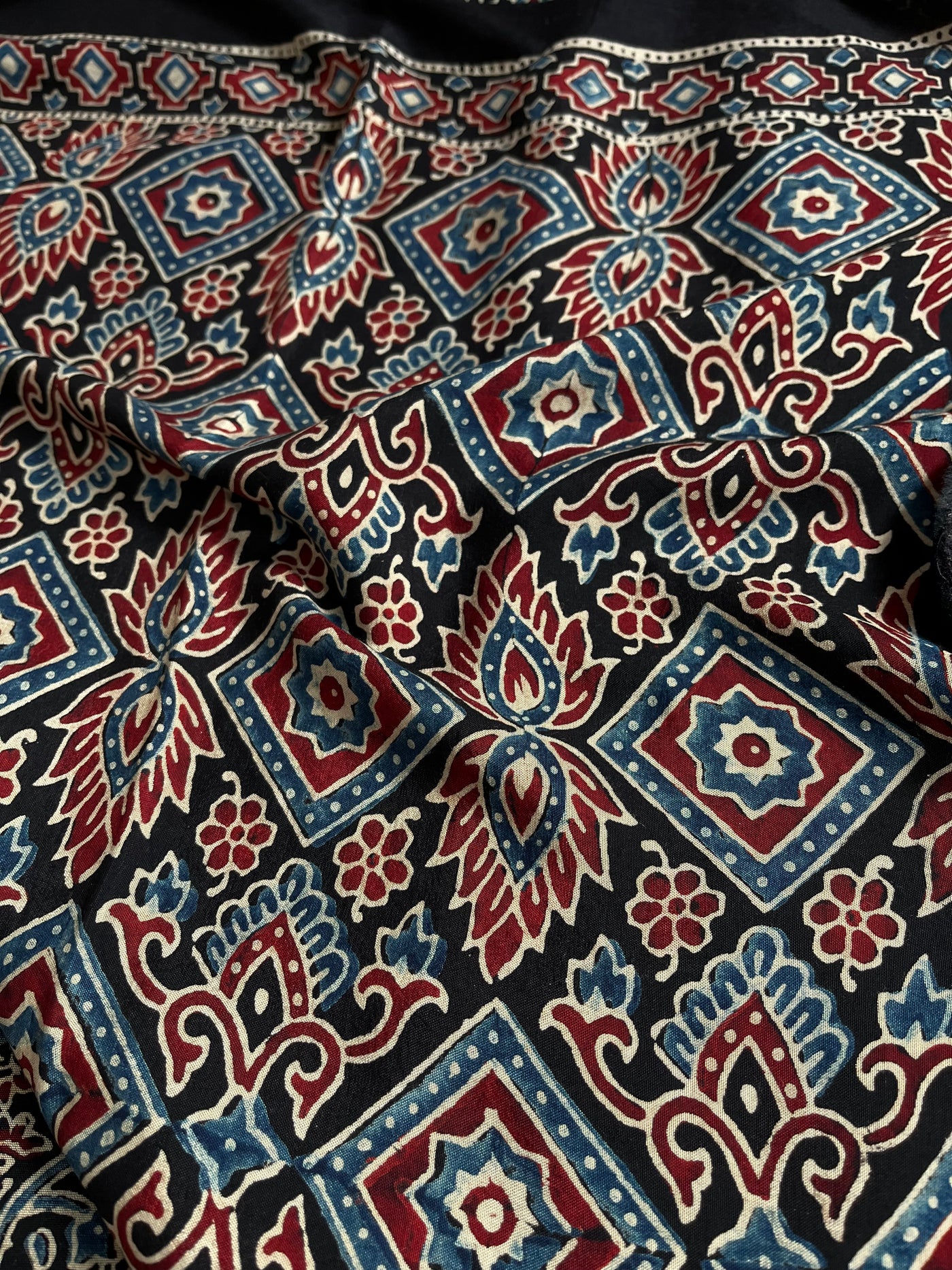 TAPTI: Handblock Ajrakh Dola Silk Saree with Meenakari Pallu