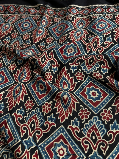 TAPTI: Handblock Ajrakh Dola Silk Saree with Meenakari Pallu
