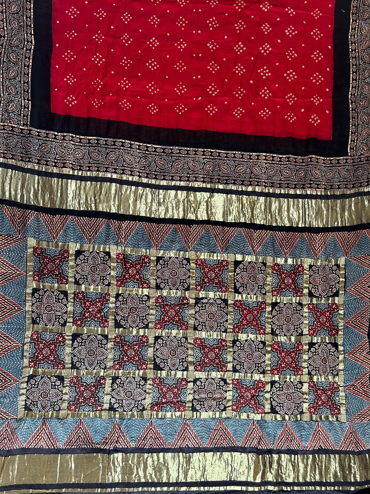 KALYANI: HANDMADE PURE GAJJI SILK AJRAKH BANDHEJ GHARCHOLA PALLU SAREE