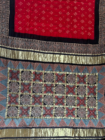 KALYANI: HANDMADE PURE GAJJI SILK AJRAKH BANDHEJ GHARCHOLA PALLU SAREE