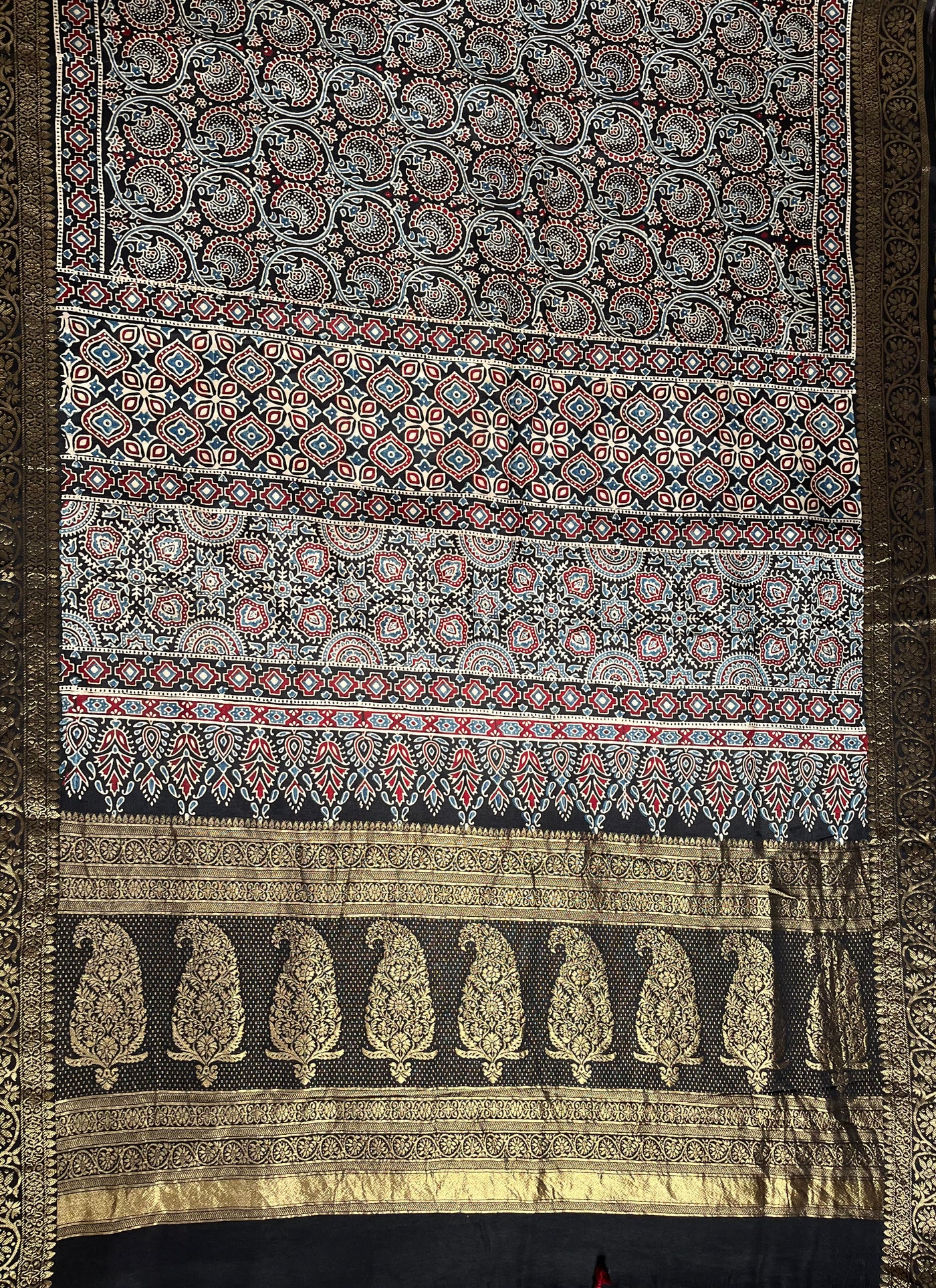 TAPTI: Handblock Ajrakh Dola Silk Saree with Meenakari Pallu