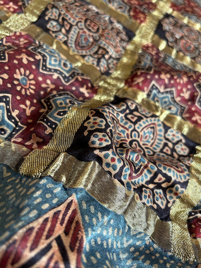 KALYANI: HANDMADE PURE GAJJI SILK AJRAKH BANDHEJ GHARCHOLA PALLU SAREE