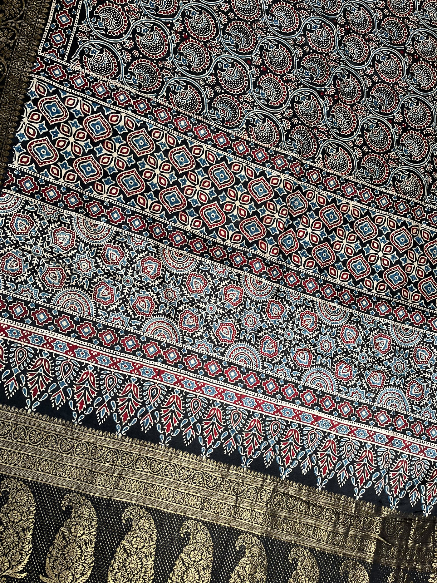 TAPTI: Handblock Ajrakh Dola Silk Saree with Meenakari Pallu