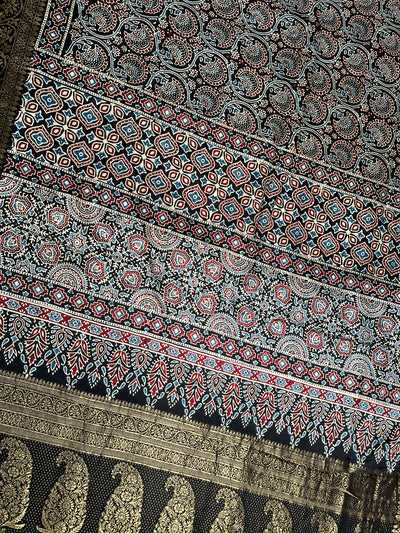 TAPTI: Handblock Ajrakh Dola Silk Saree with Meenakari Pallu