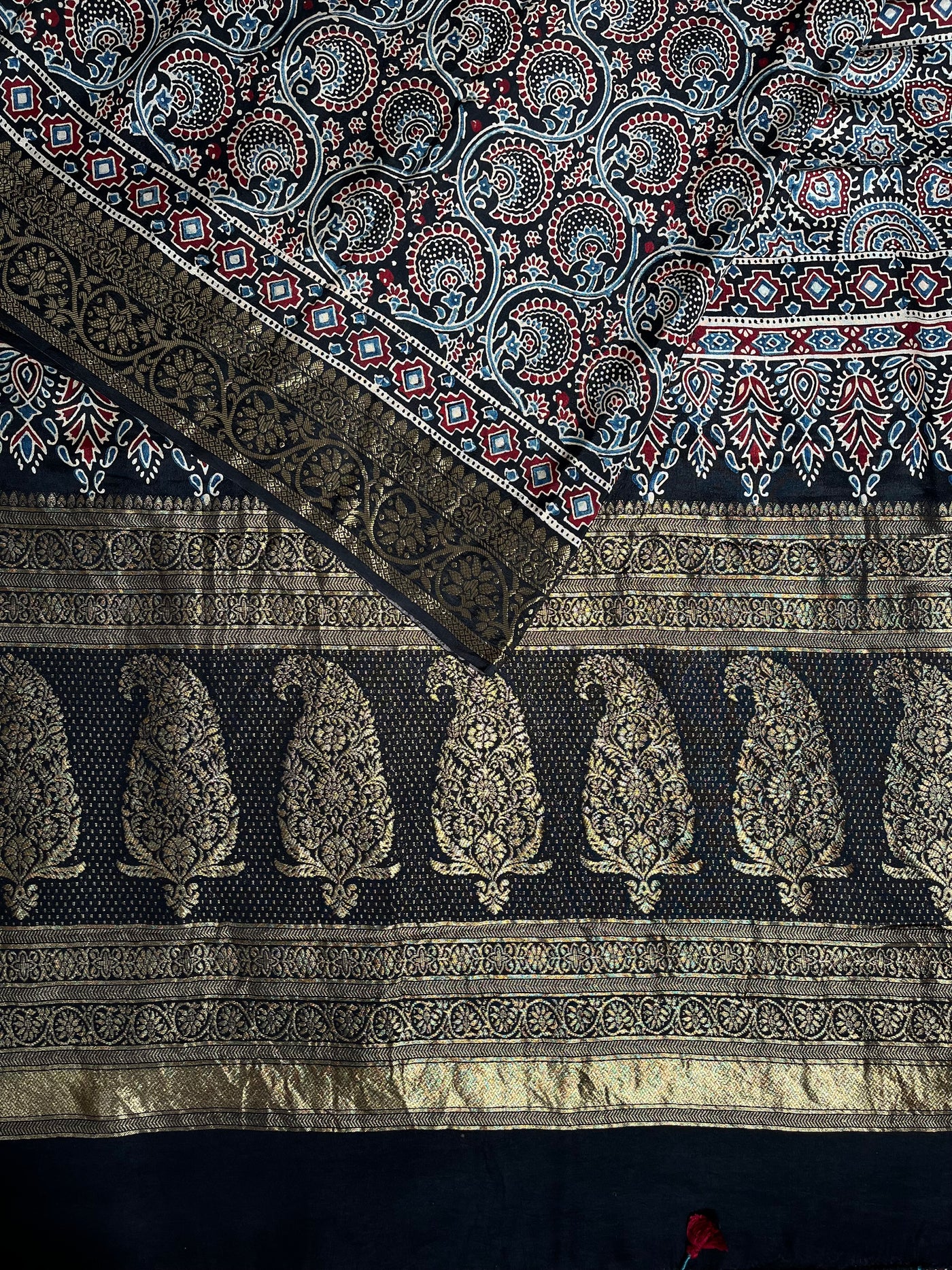 TAPTI: Handblock Ajrakh Dola Silk Saree with Meenakari Pallu