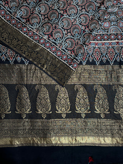TAPTI: Handblock Ajrakh Dola Silk Saree with Meenakari Pallu