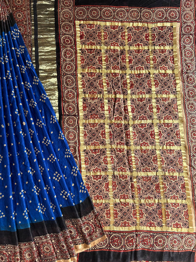 SUNAINA: HANDMADE PURE GAJJI SILK AJRAKH BANDHEJ GHARCHOLA PALLU SAREE