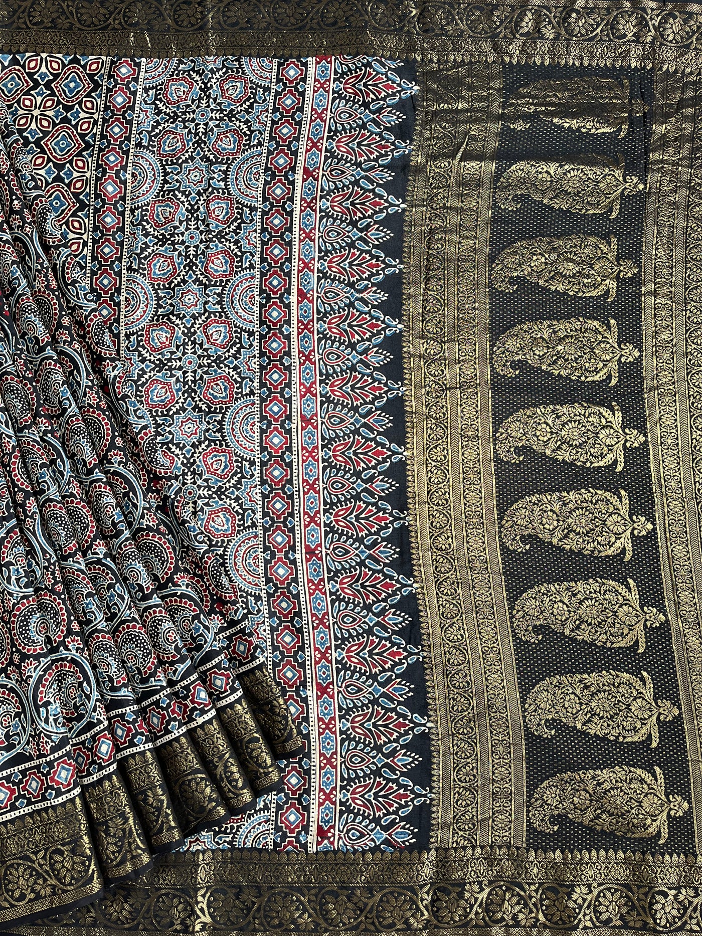 TAPTI: Handblock Ajrakh Dola Silk Saree with Meenakari Pallu