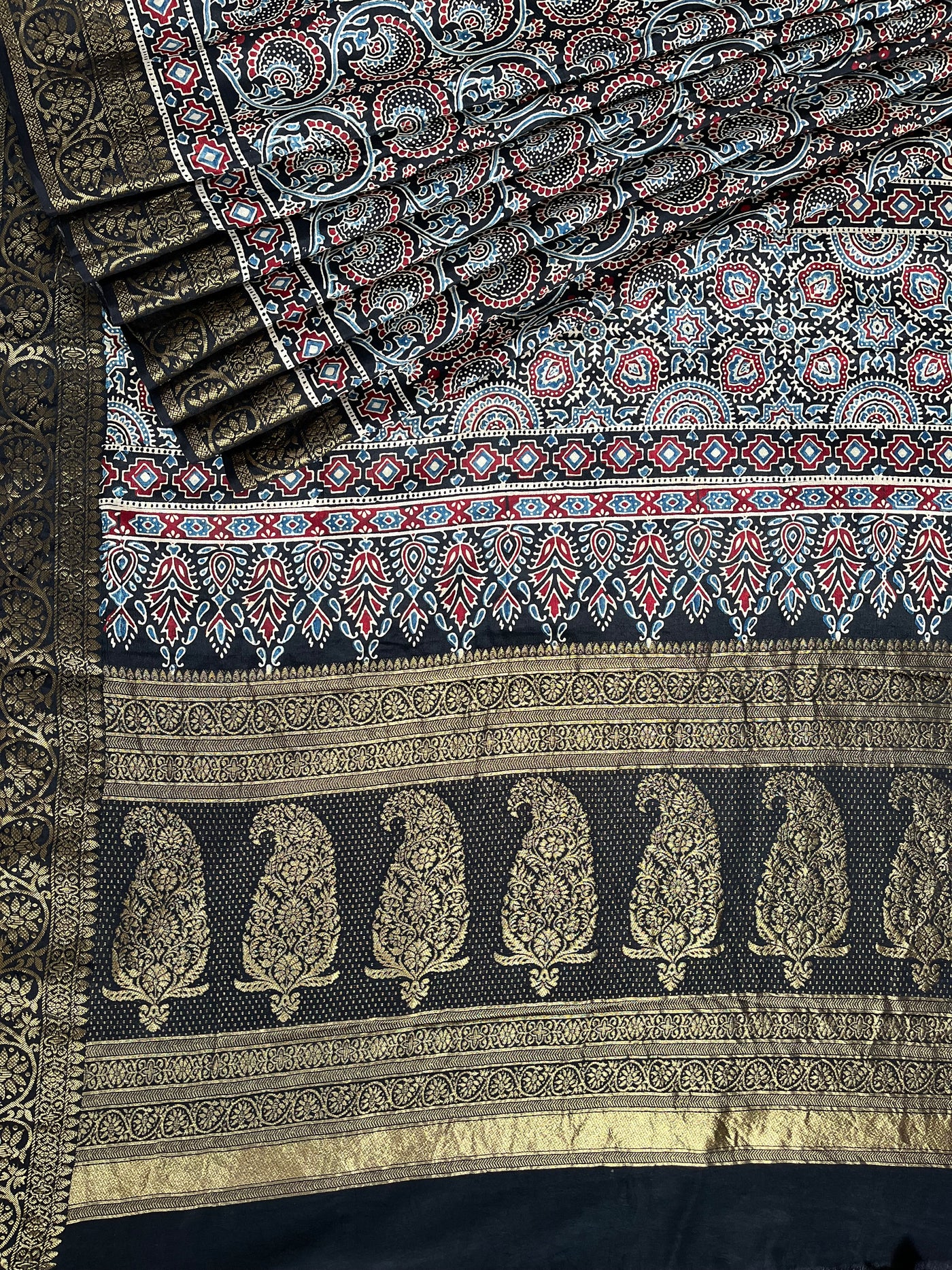 TAPTI: Handblock Ajrakh Dola Silk Saree with Meenakari Pallu