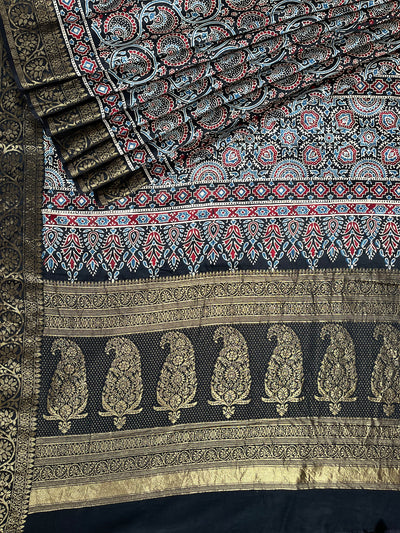 TAPTI: Handblock Ajrakh Dola Silk Saree with Meenakari Pallu