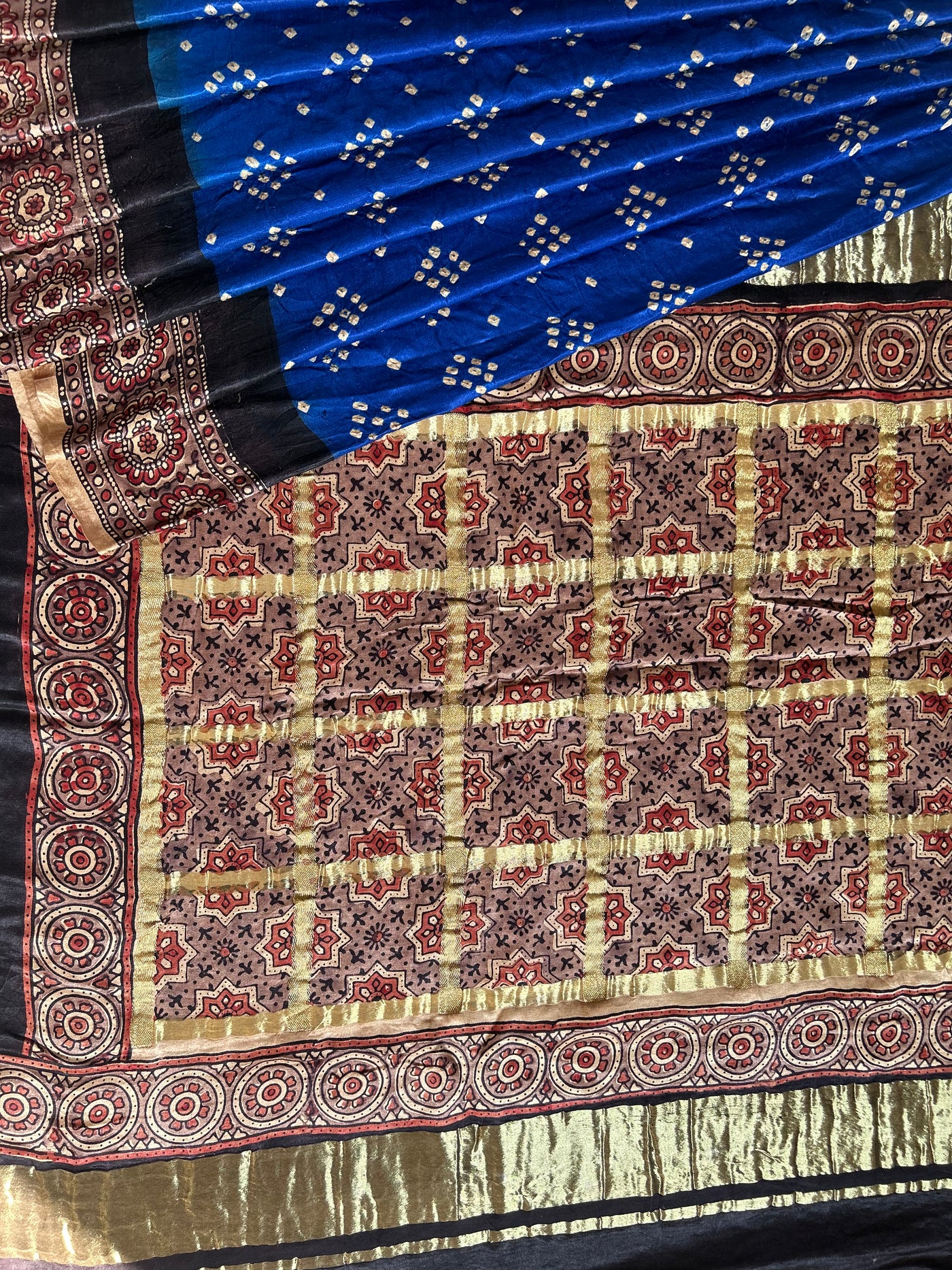 SUNAINA: HANDMADE PURE GAJJI SILK AJRAKH BANDHEJ GHARCHOLA PALLU SAREE