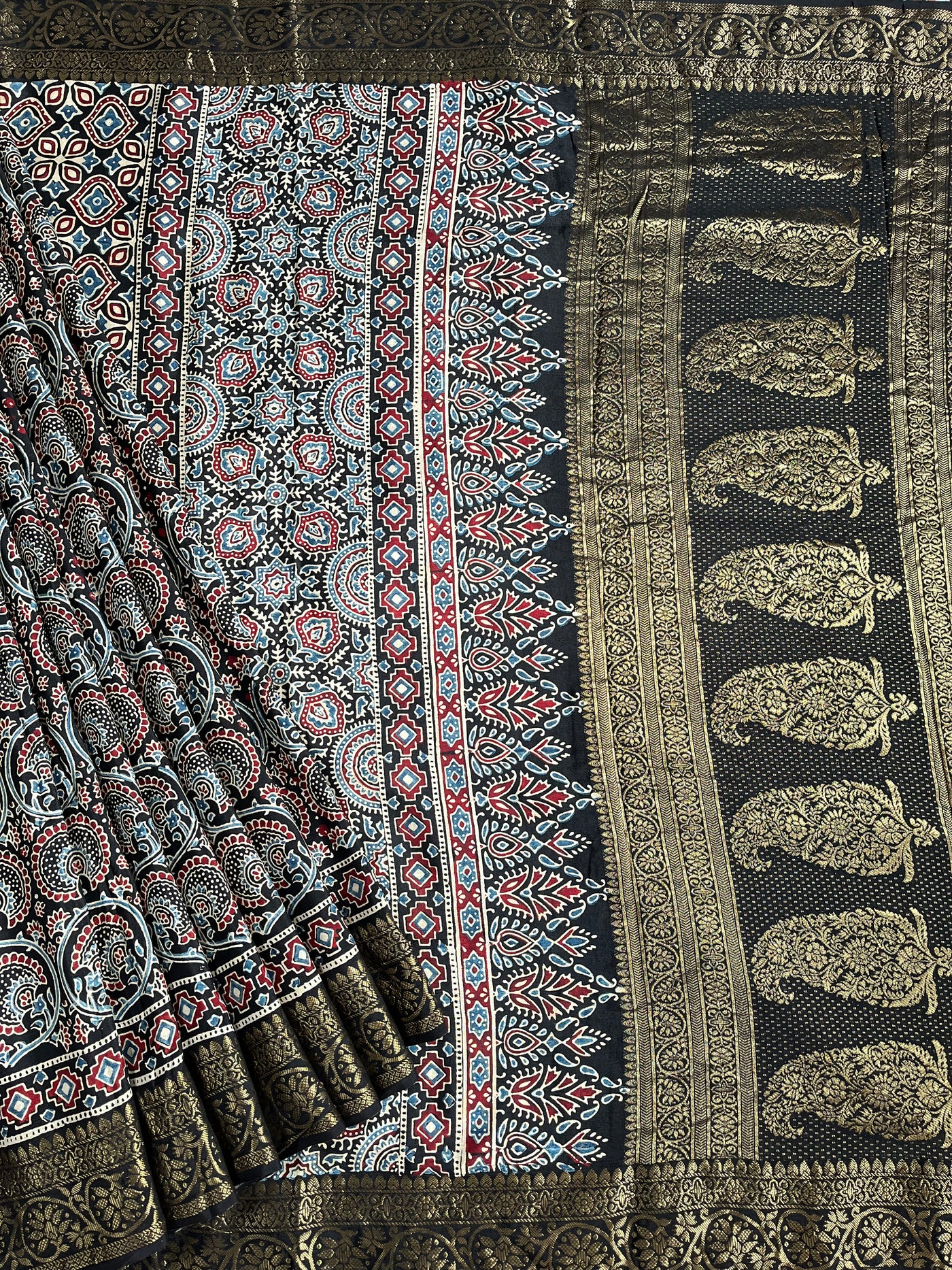 TAPTI: Handblock Ajrakh Dola Silk Saree with Meenakari Pallu