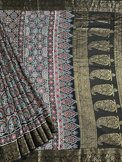 TAPTI: Handblock Ajrakh Dola Silk Saree with Meenakari Pallu