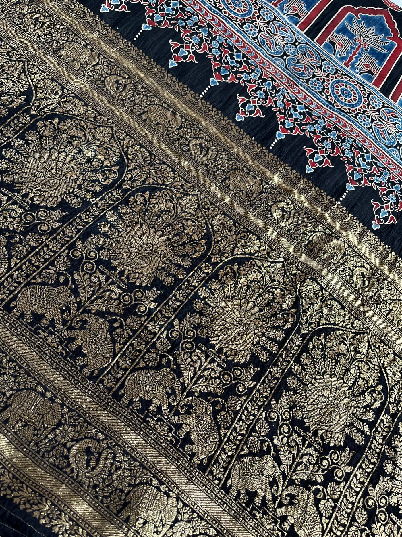 REKHA: Handblock Ajrakh Dola Silk Saree with Meenakari Pallu