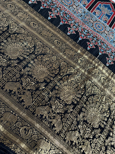 REKHA: Handblock Ajrakh Dola Silk Saree with Meenakari Pallu