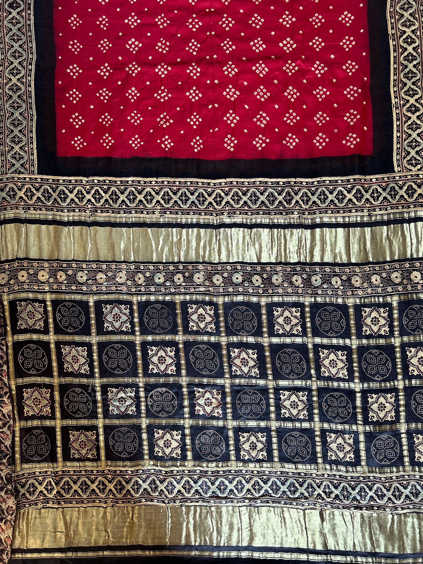 NEERZA:HANDMADE PURE GAJJI SILK AJRAKH BANDHEJ GHARCHOLA PALLU SAREE