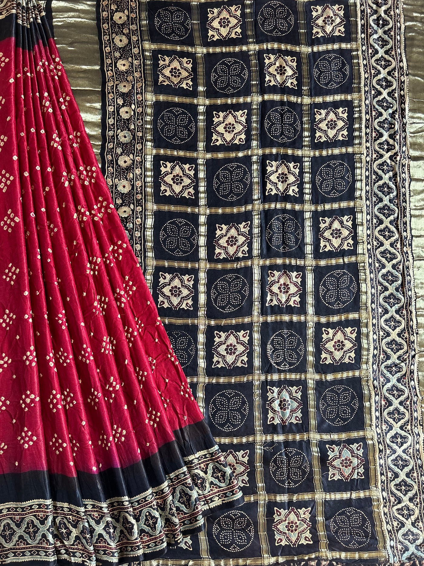 NEERZA:HANDMADE PURE GAJJI SILK AJRAKH BANDHEJ GHARCHOLA PALLU SAREE