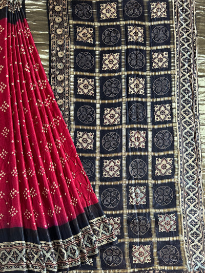 NEERZA:HANDMADE PURE GAJJI SILK AJRAKH BANDHEJ GHARCHOLA PALLU SAREE