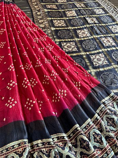 NEERZA:HANDMADE PURE GAJJI SILK AJRAKH BANDHEJ GHARCHOLA PALLU SAREE