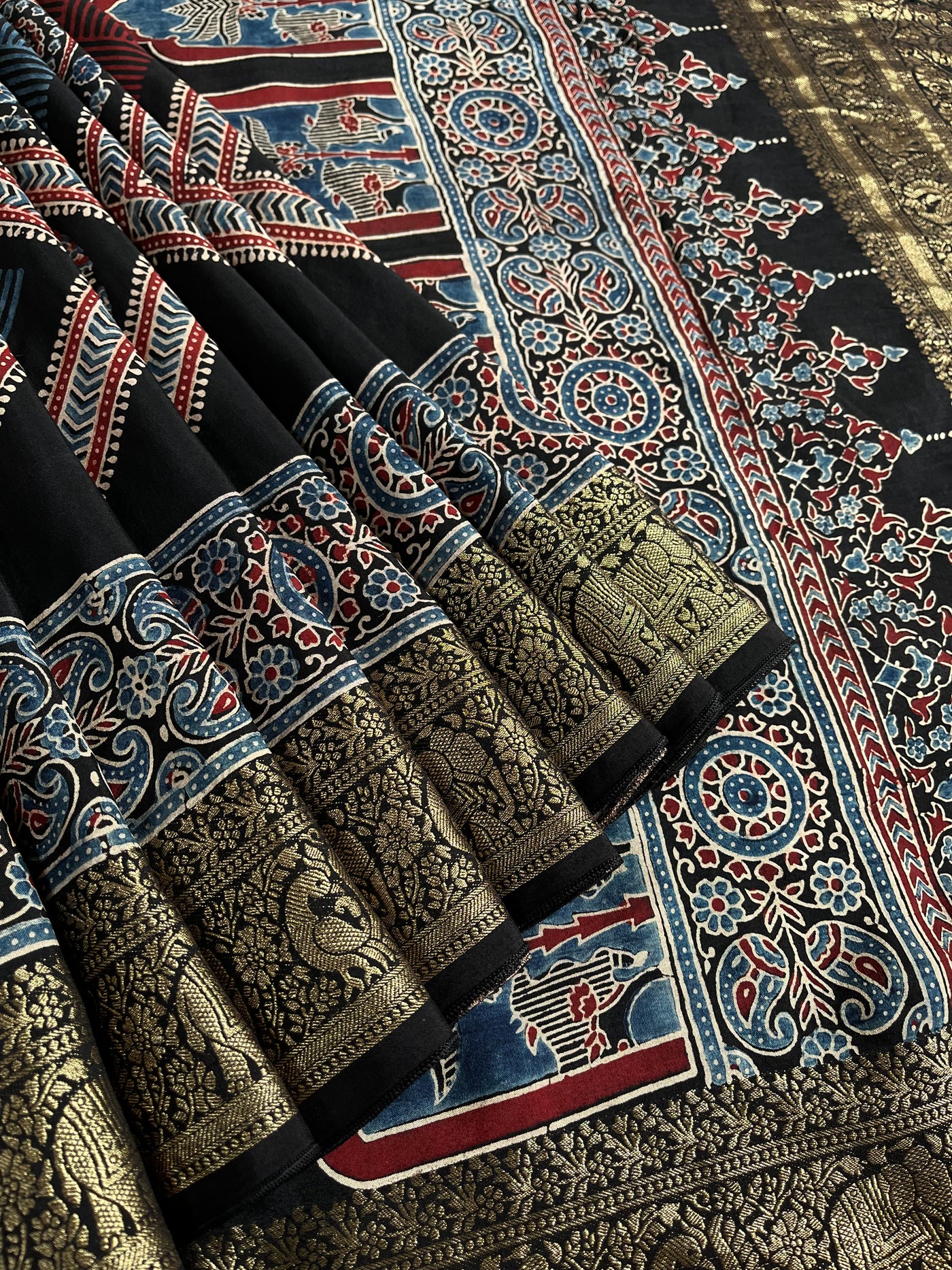 REKHA: Handblock Ajrakh Dola Silk Saree with Meenakari Pallu
