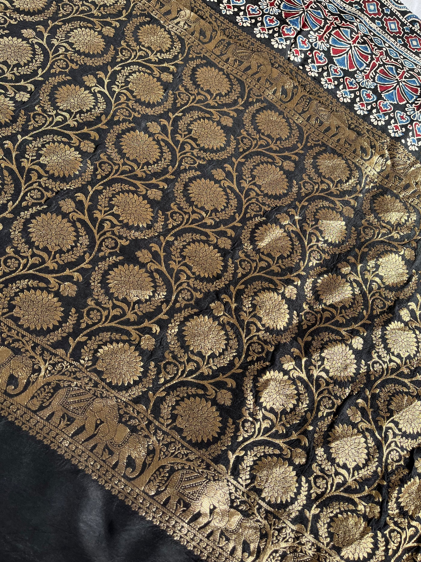 KAMINI: Handblock Ajrakh Dola Silk Saree with Meenakari Pallu