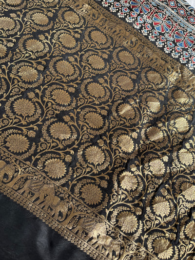 KAMINI: Handblock Ajrakh Dola Silk Saree with Meenakari Pallu