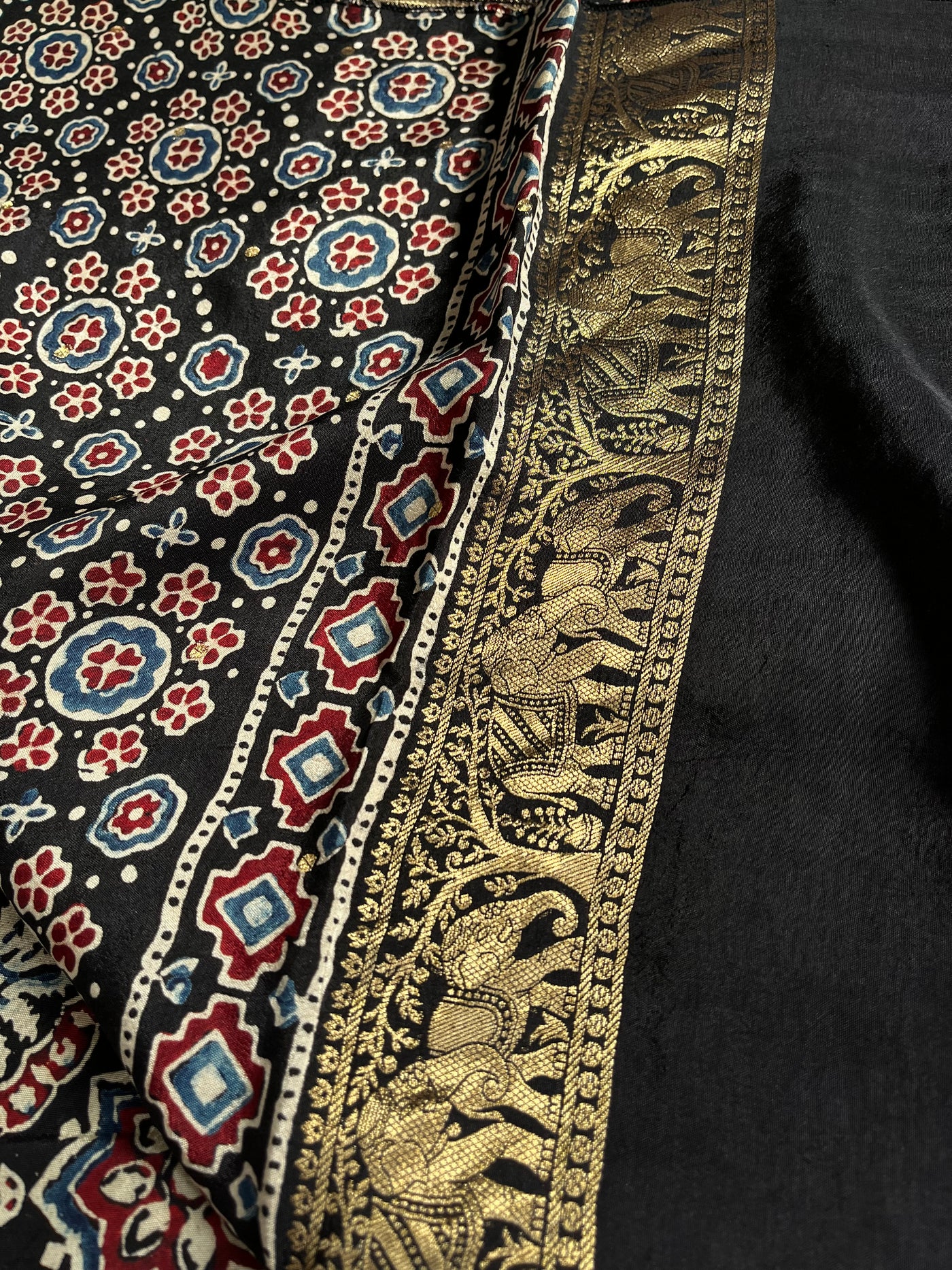KAMINI: Handblock Ajrakh Dola Silk Saree with Meenakari Pallu