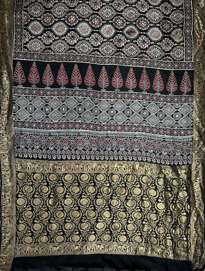 KAMINI: Handblock Ajrakh Dola Silk Saree with Meenakari Pallu