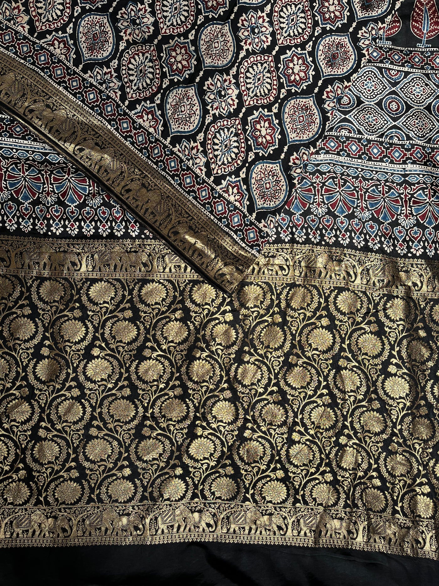 KAMINI: Handblock Ajrakh Dola Silk Saree with Meenakari Pallu