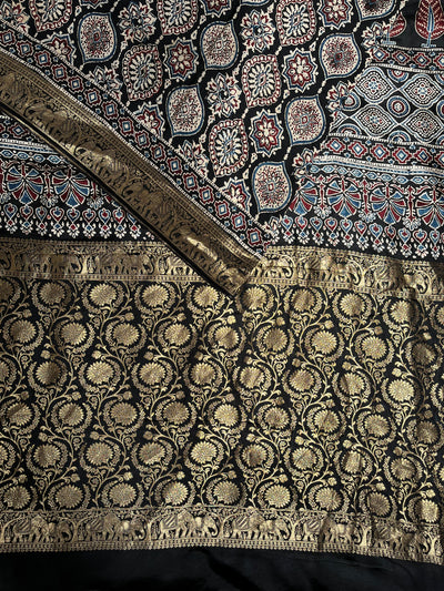 KAMINI: Handblock Ajrakh Dola Silk Saree with Meenakari Pallu