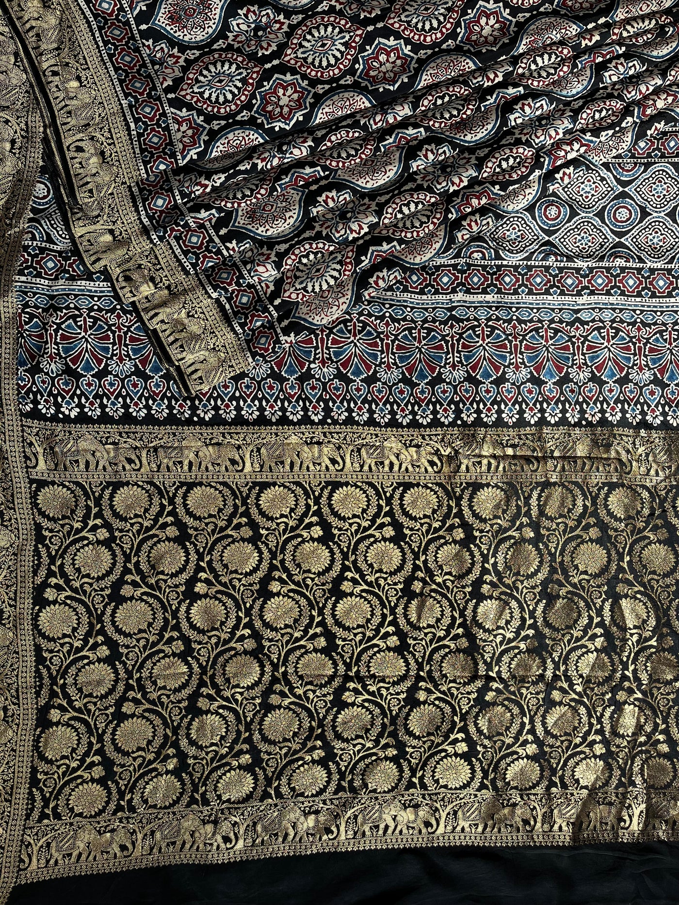 KAMINI: Handblock Ajrakh Dola Silk Saree with Meenakari Pallu