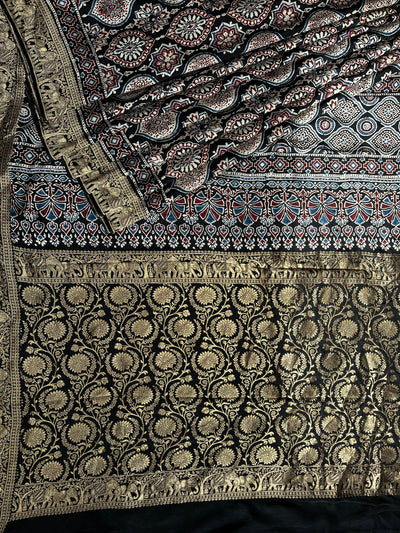 KAMINI: Handblock Ajrakh Dola Silk Saree with Meenakari Pallu