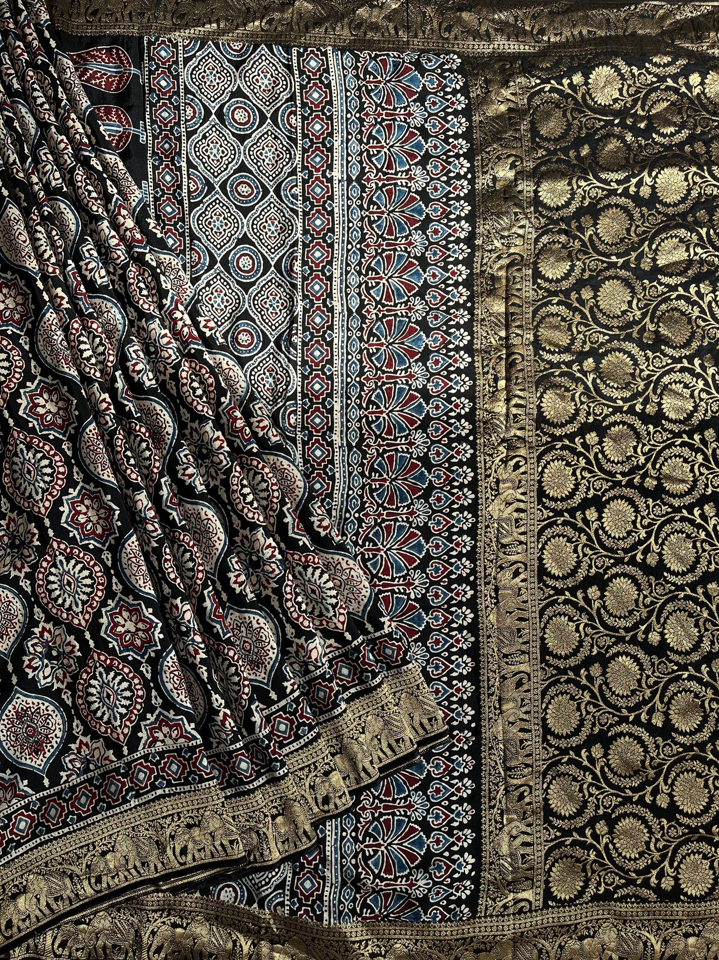 KAMINI: Handblock Ajrakh Dola Silk Saree with Meenakari Pallu