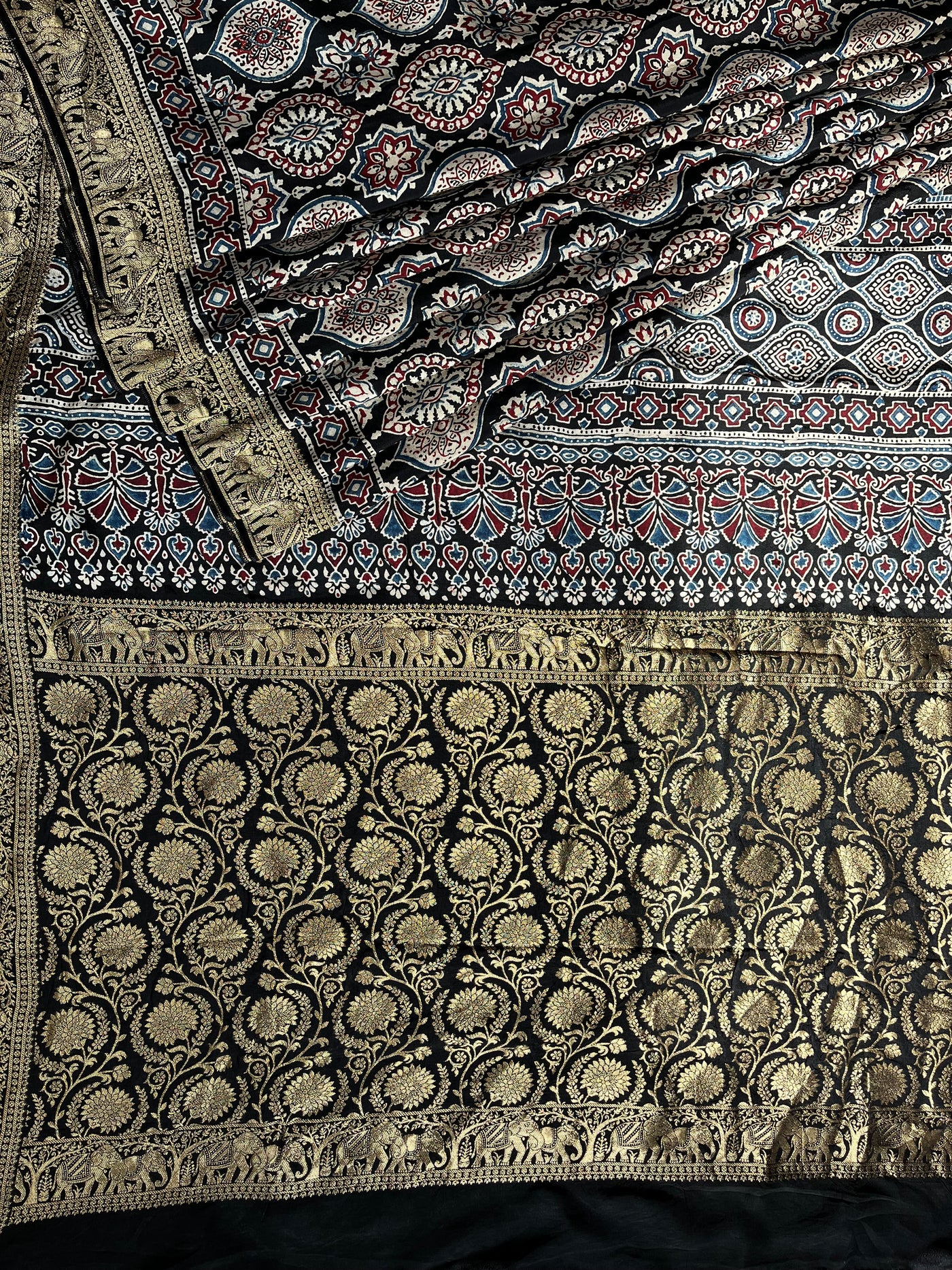 KAMINI: Handblock Ajrakh Dola Silk Saree with Meenakari Pallu